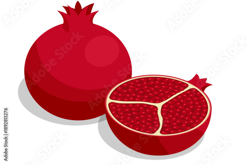 Isometric vector illustration of a whole pomegranate and a cut half with red seed. Fresh exotic fruit with juicy grain and thick peel. Healthy organic food and antioxidant source isolated on white