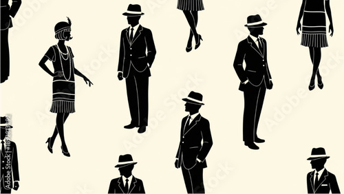 Vintage fashion illustration of stylish men and women in classic attire standing together from a front viewpoint