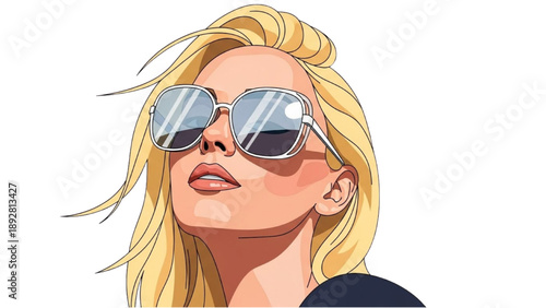 Illustration of a blonde woman wearing sunglasses, showcasing stylish accessories and facial features
