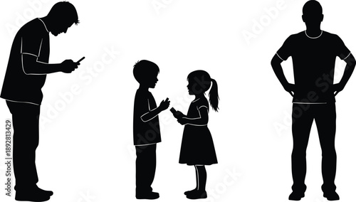 Family silhouettes showing parents and children using smartphones highlighting digital distraction parenting concept isolated on white background illustration vector design