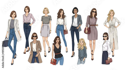 Diverse Women in Various Outfits and Accessories Standing and Sitting in Illustrations from a Front Viewpoint
