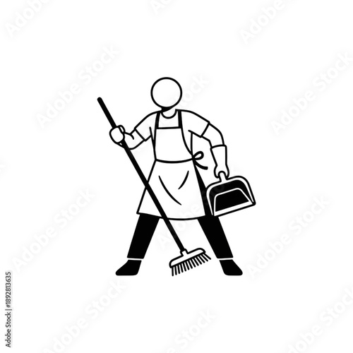 Janitor Cleaner with Broom Dustpan Silhouette Vector Icon