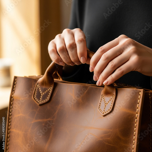 Woman's hand holding pastel colored shoulder bag, plain background