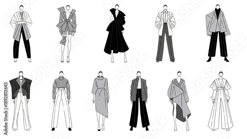 Fashion illustrations of various outfits and styles displayed on mannequins from a front view