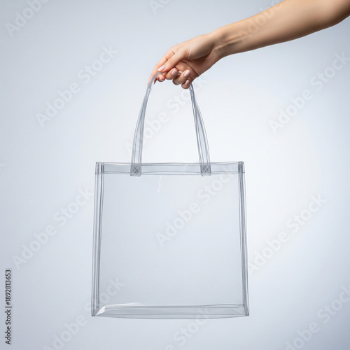Woman's hand holding transparent bag, studio mockup