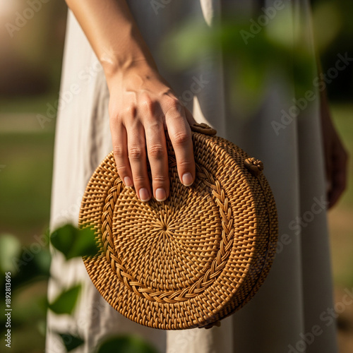 Woman's hand holding a rattan woven bag, natural feel