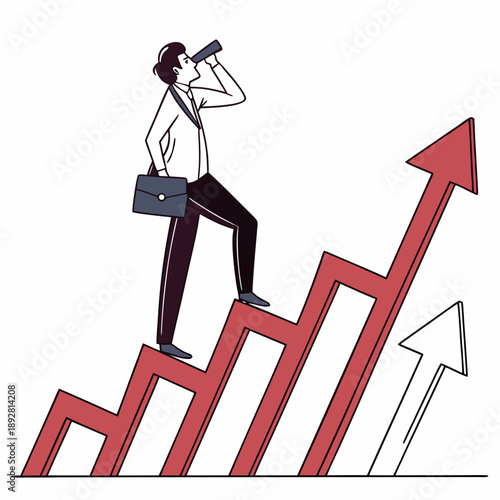 Businessman standing on rising red graph arrow looking ahead with binoculars