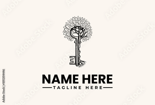Black and white illustration of a stylized tree growing out of a key with placeholder text for a logo or brand name on a plain background.