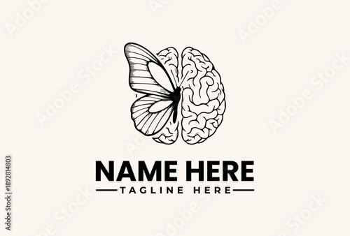 A logo design featuring a butterfly and brain on a beige background with placeholder text for a company name and tagline in a simple, illustrative style.