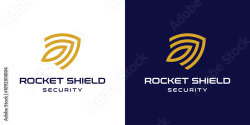 Minimalist rocket shield logo design for space and cyber security technology