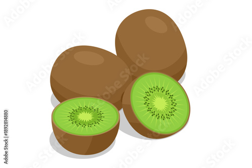 Isometric vector illustration of whole kiwi fruit and cut half with green pulp and black seed. Fresh exotic fruit with brown peel. Healthy organic food and vitamin source for snack or diet design