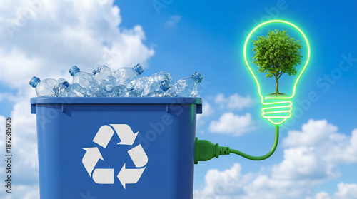 Waste to Energy Concept Blue Recycling Bin with Plastic Bottles Powering Green Tree Lightbulb via Electric Plug
