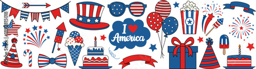 American patriotic party clipart collection with celebration elements hat sunglasses balloons fireworks popcorn and ribbons