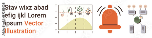 Data visualization, notifications, analytics, communication, information processing, alert systems. Abstract illustration with graph, plant growth and alert symbol. Data visualization