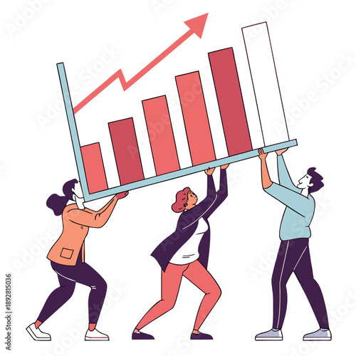 Team lifting giant bar chart with rising graph people
