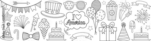 American patriotic party outline coloring page collection with celebration elements hat sunglasses balloons cakes and decorations