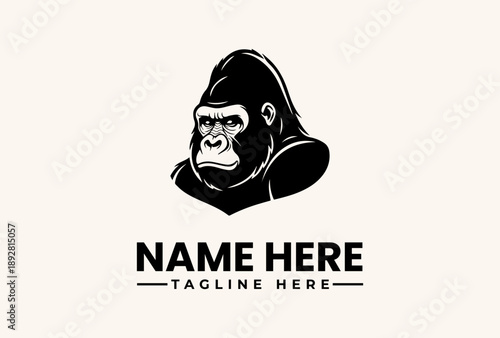 A black and white vector illustration of a gorilla's head in a hood with placeholder text for a logo or icon on a beige background.