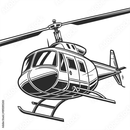 Black helicopter with ski landing gear and rotor blades