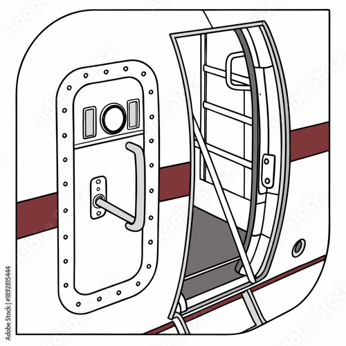 Cargo aircraft door mechanism detail with open stairway