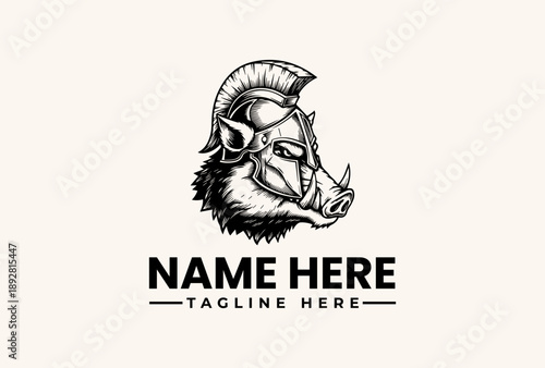 A black and white illustration of a warthog's head wearing a helmet with a name and tagline on a clean background, featuring a logo, vector, illustration, icon, and pictogram logo design.