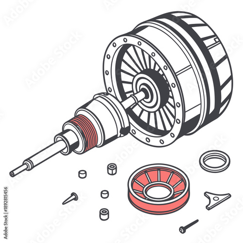 Exploded view of jet engine component with parts mechanical parts