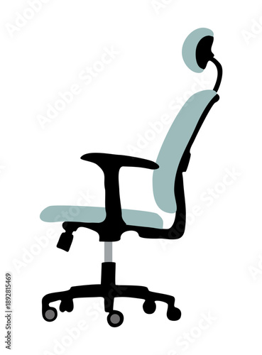 Flat minimalist illustration of a modern office chair with headrest and wheels in light blue and black, shown in side profile on transparent background for professional design use.