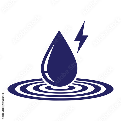 A blue water droplet with a lightning bolt on a white background