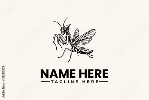 A black and white illustration of a wasp with a placeholder name and tagline on a clean background, featuring a logo, vector, illustration, icon, and pictogram logo design elements.