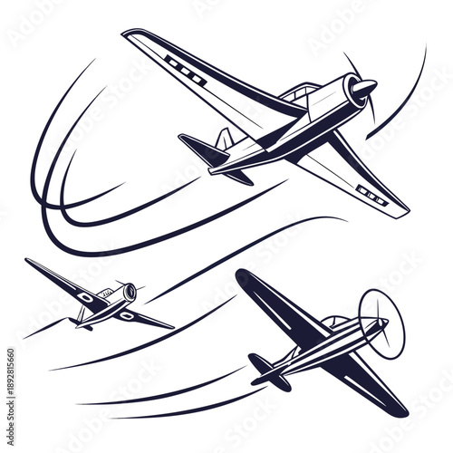 Three vintage planes flying in formation on white background