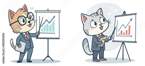 Business cat giving a presentation near a flipchart with a graph of rapid growth. Made in a clean cartoon style