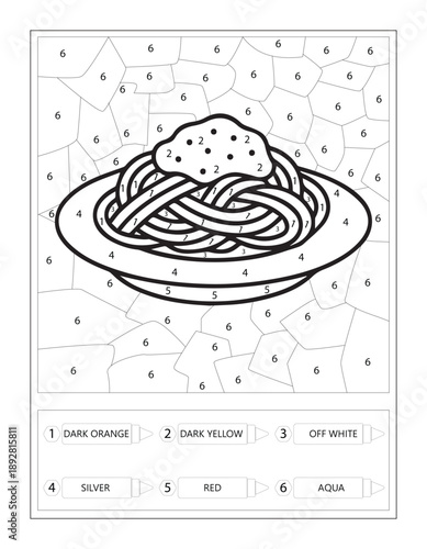 Spaghetti Pasta Color by Number Educational Worksheet for Kids