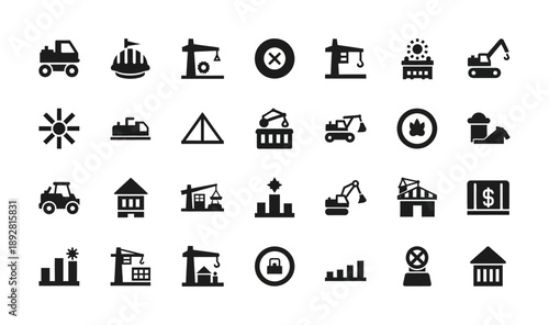 Comprehensive collection of black silhouette vector icons representing various construction, industry, and building concepts, ideal for engineering and urban development projects