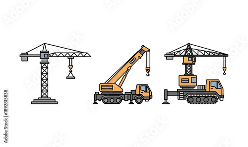 Versatile Set of Heavy Lifting Equipment Vector Illustrations for Construction Projects, Featuring Tower, Mobile, and Crawler Cranes for Building and Infrastructure Development