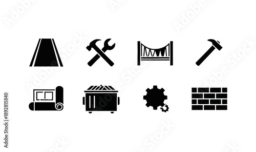 Set of construction and engineering icons representing various building elements and tools, including a blueprint, dumpster, and brick wall