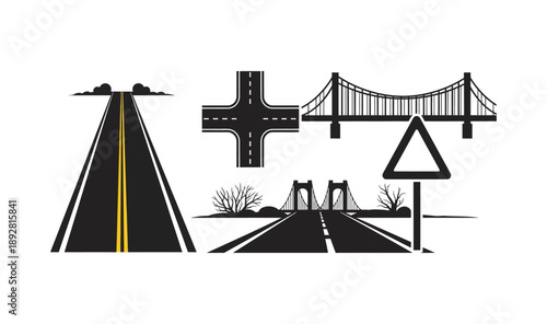 A versatile collection of isolated vector illustrations depicting various road segments, urban intersections, and iconic bridge structures, perfect for transport and infrastructure design projects