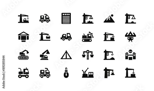 Collection of Construction and Industry Icons representing heavy machinery, tools, and buildings for business and project management