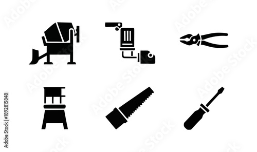Industrial and Construction Tools Icon Set. Black silhouette vector graphics of essential equipment for building, repair, and workshop tasks