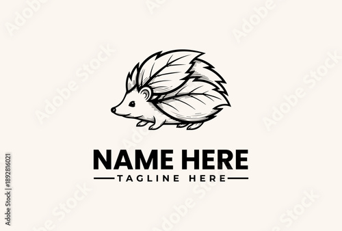 A simple black and white illustration of a hedgehog logo with a placeholder name and tagline on a plain beige background.