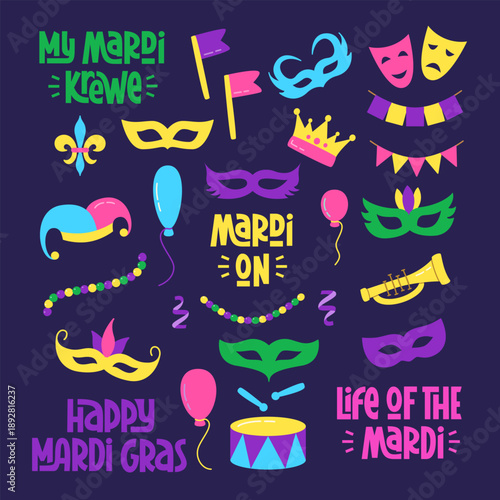 Mardi Gras Flat Design Elements Collection. Set with Hand Lettering. Carnival Harlequin Hat, Beads, Masquerade Masque, Trumpet. 