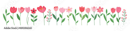 Set of cute spring flowers in pink and red colors with green leaves. Floral collection for decoration greeting cards invitations posters banners wedding and holiday designs isolated on transparent.