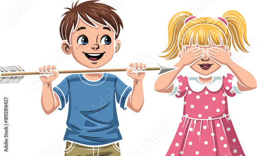 Cute cartoon children playing game, boy holding arrow and girl covering eyes, playful kids vector illustration fun activity concept set