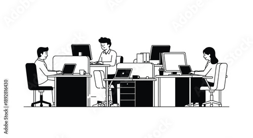 Three coworkers working together at office desks with computers and laptops in a modern workspace