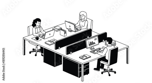Three coworkers working together at office desks with computers and papers