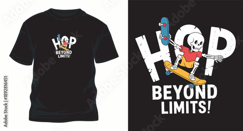 Hop beyond limits skeleton skater t-shirt design with colorful cartoon character and skateboard