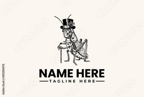A whimsical illustration of a grasshopper wearing a top hat and sitting on a cane with a placeholder text for a logo or brand name on a clean white background.