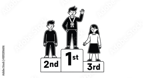 Three cartoon children standing on podium with ranking medals winner first place
