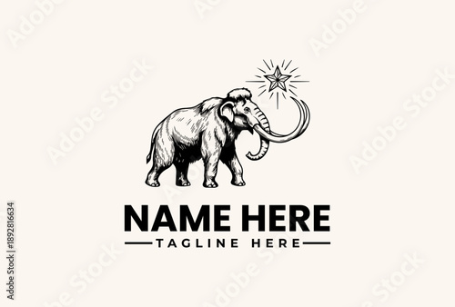 Black and white illustration of an elephant with a starburst from its trunk, forming a logo with a 'NAME HERE' text placeholder and 'TAGLINE HERE' on a plain background.