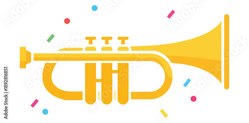 Trumpet: A beautifully rendered trumpet, emanating a sense of musicality and celebration, is set against a clean backdrop with colorful confetti adding a festive touch.