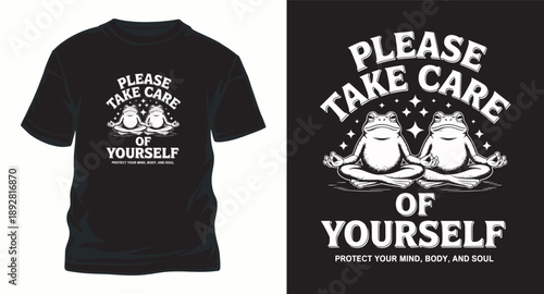 Two frogs meditating, please take care of yourself quote, zen yoga graphic
