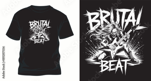 Heavy metal music t-shirt design with skeleton guitar player and brutal beat text